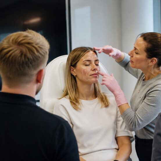 Botox-Kurs für Ärzte: mehrere Menschen stehen um eine Trainerin herum.